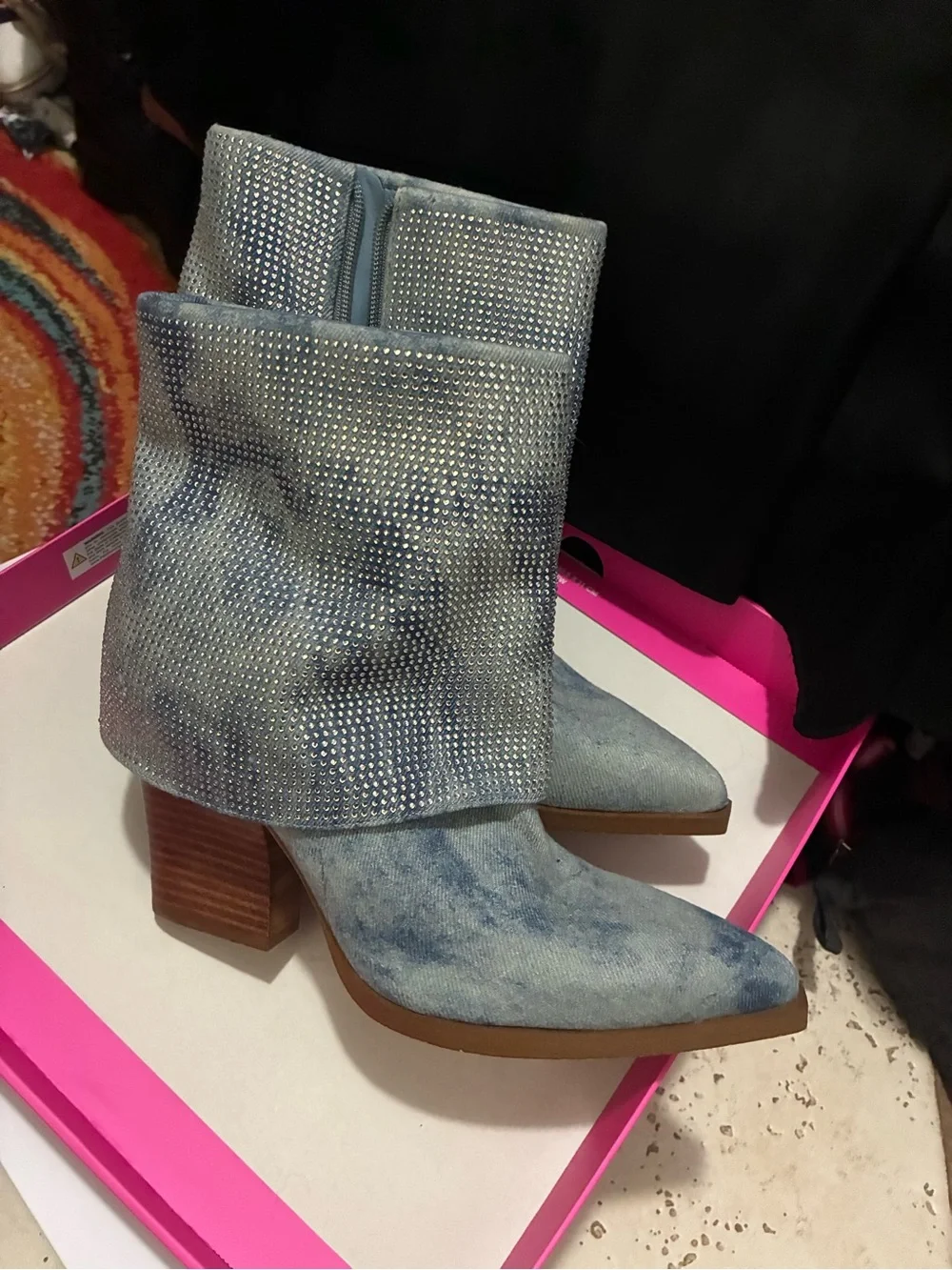 Jessica Simpson Light Blue Suede Fold-Over Crystal Cuff Block Heel Ankle Boots